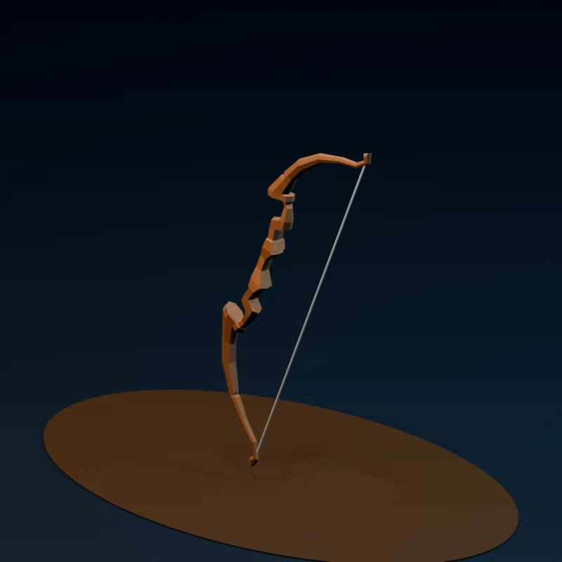 Studio render of a candidate low-poly wooden bow model for mudgame
