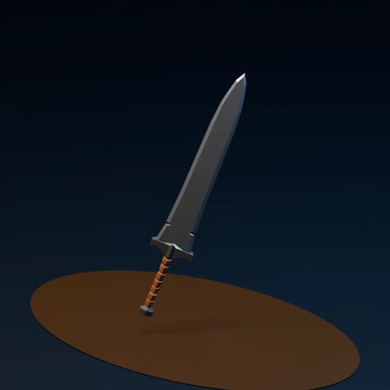 Studio render of a candidate low-poly greatsword model for mudgame