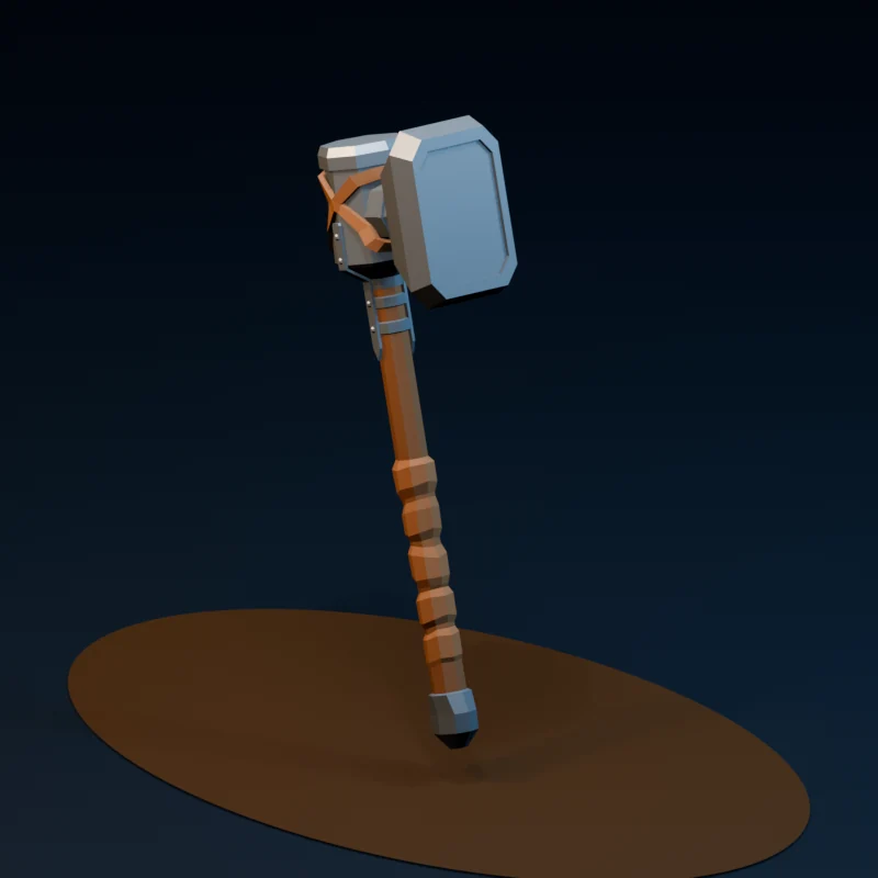 Studio render of a candidate low-poly hammer model for mudgame