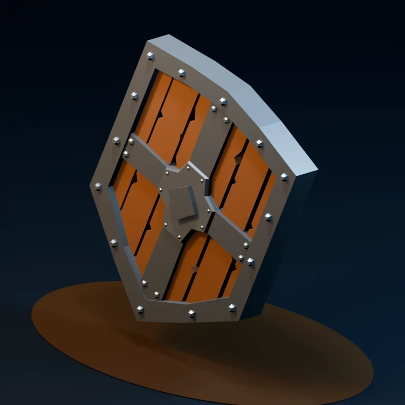 Studio render of a candidate low-poly wood-and-steel shield model for mudgame
