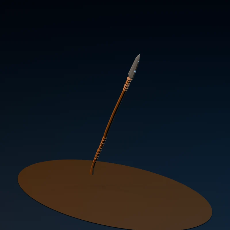 Studio render of a candidate low-poly spear model for mudgame