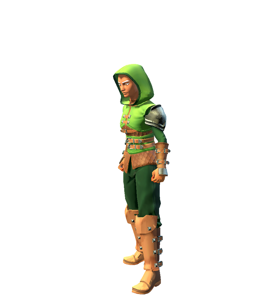 Pre-alpha female ranger model wearing layered leather clothing with a hood and bow