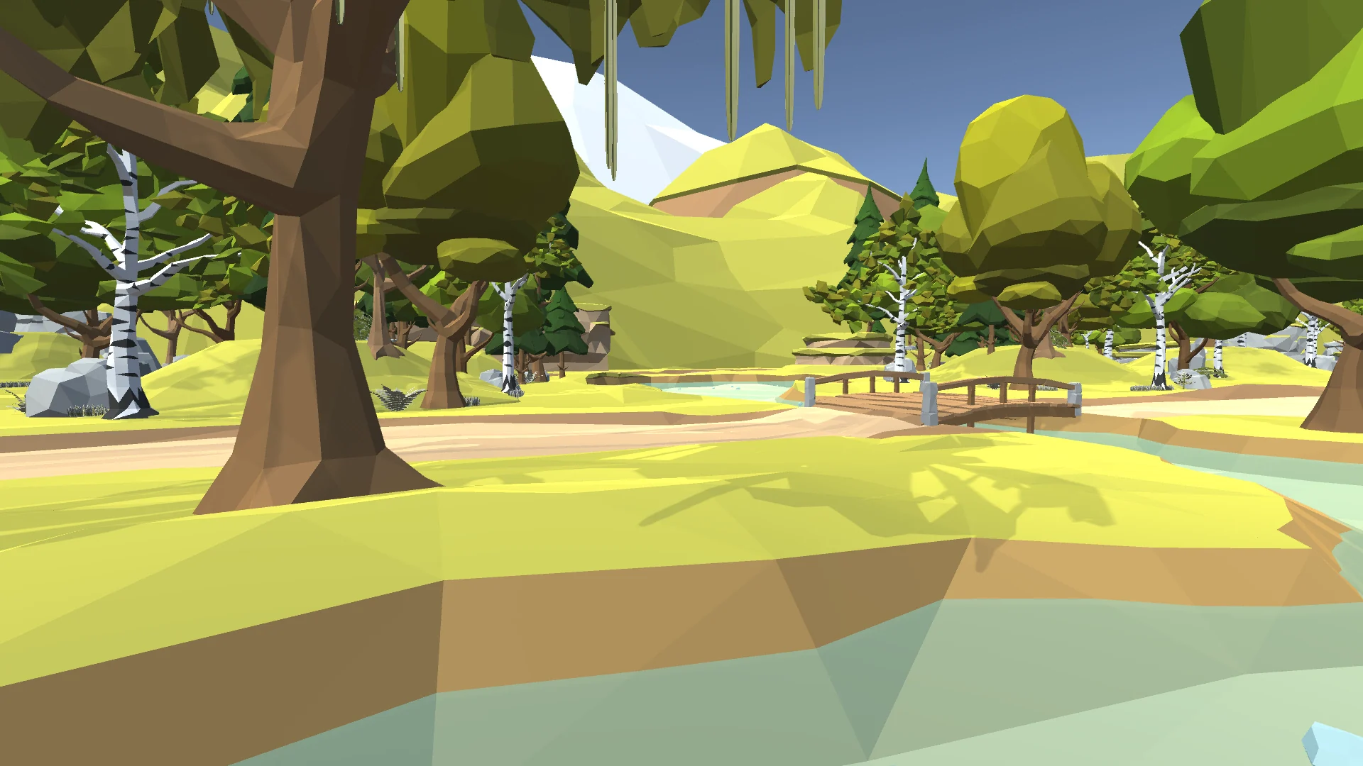 Low-poly woodland stream with a wooden bridge beneath broad trees