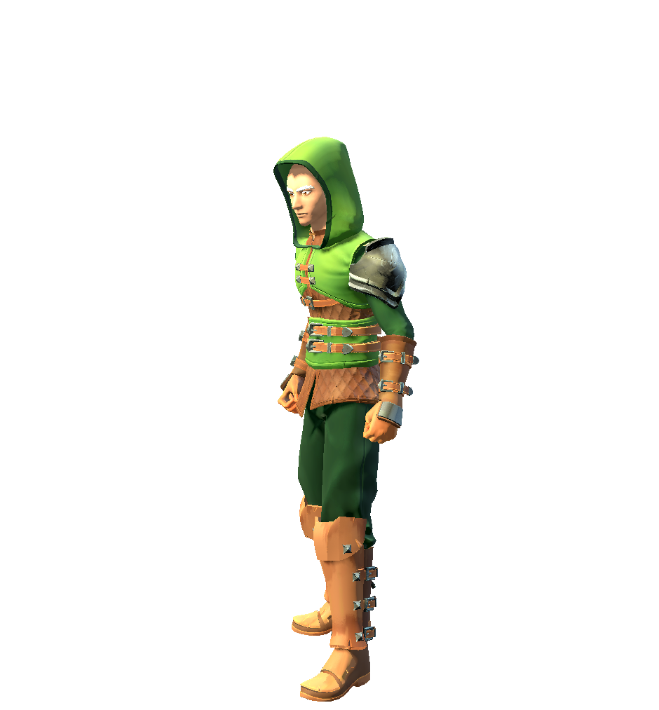 Pre-alpha male ranger model wearing layered leather clothing with a hood and bow
