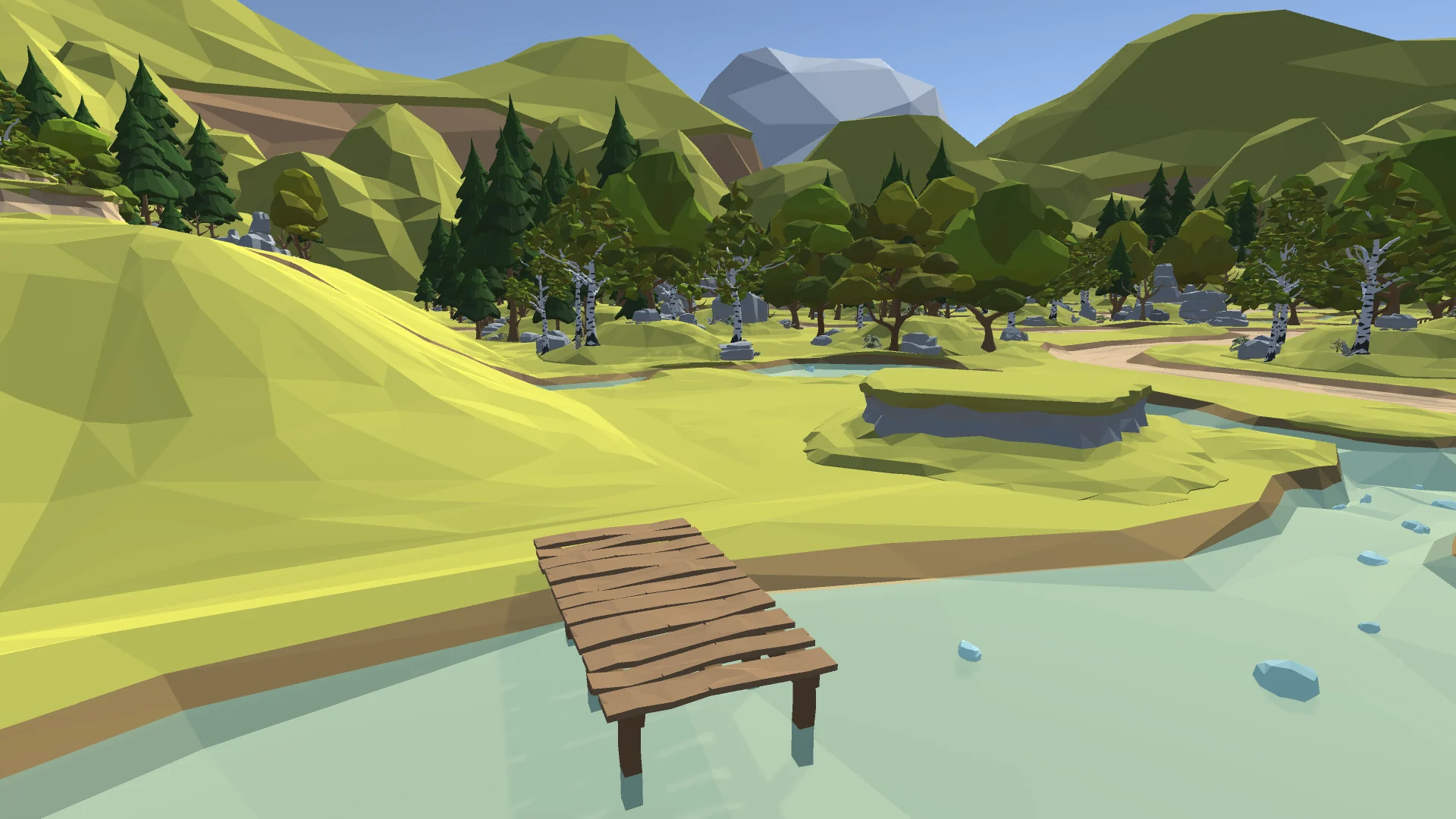 Bright low-poly wilderness with forest, mountains, water and a wooden crossing