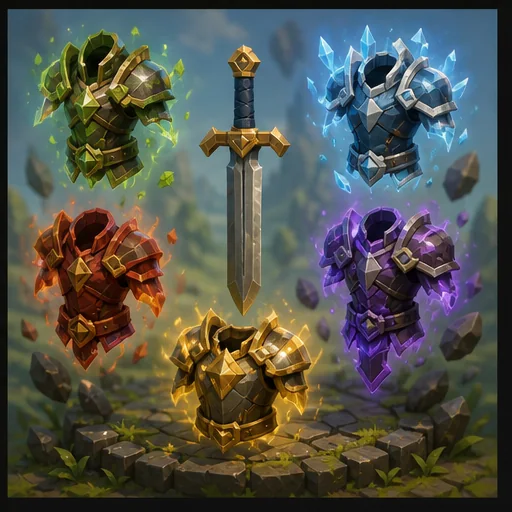 Five glowing armor pieces surrounding a plain sword