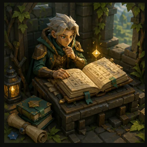 A traveller studying a book as a clue becomes visible