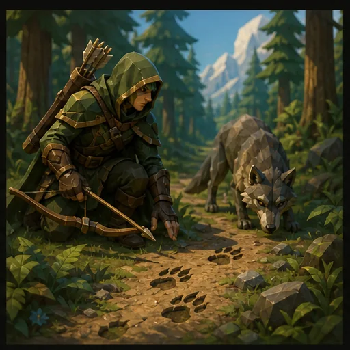 A hooded Ranger tracking an animal with a bow