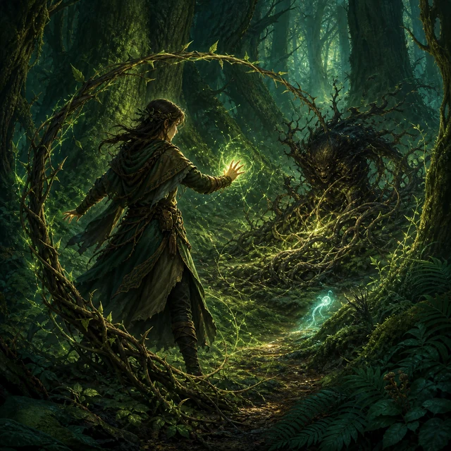 A Fae-bound wanderer holding back a thorny forest spirit with Nature magic