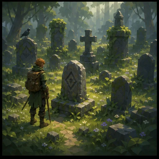 An overgrown finite graveyard with a lone adventurer memorial stone