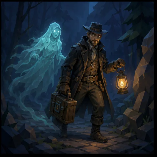A translucent ghost following a traveler carrying an evidence kit