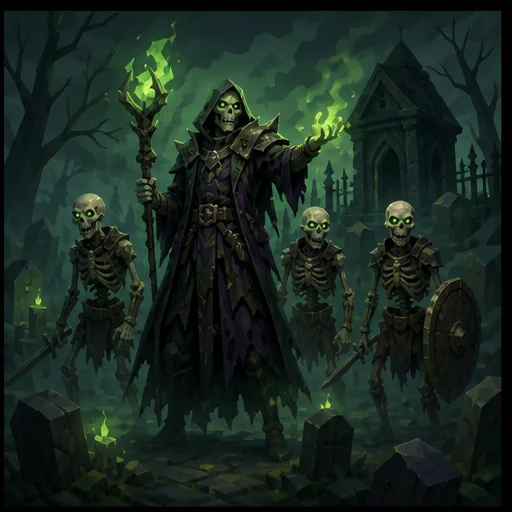 A Necromancer in a green-lit graveyard with three skeletal followers