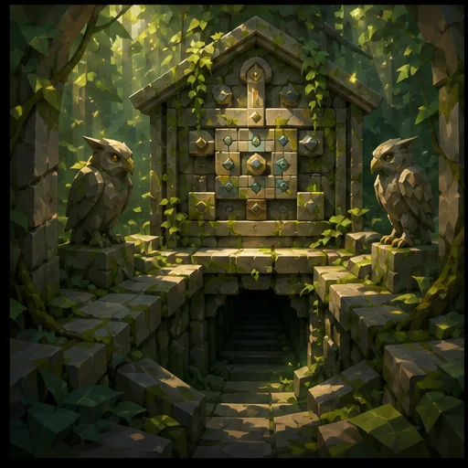 An overgrown forest shrine with a mechanism and hidden stair