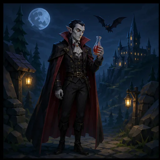 A pale Vampire traveler holding a blood vial beneath a moonlit sky