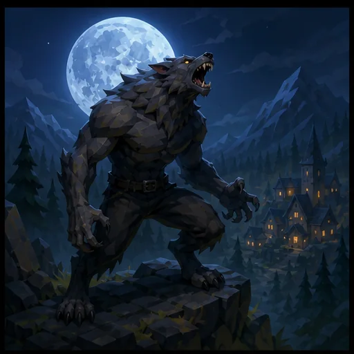 A Werewolf howling above a hidden settlement beneath the full moon