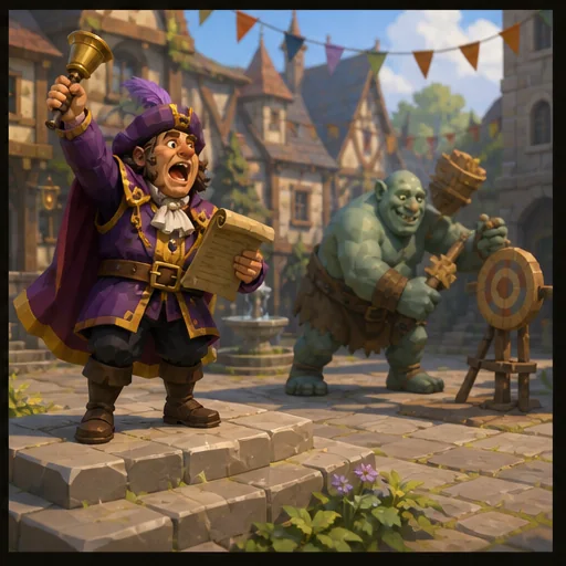 A theatrical town crier beside a friendly retired ogre practice professional