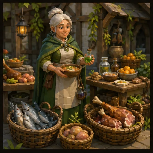 A town healer beside prepared food and delivered fish and game