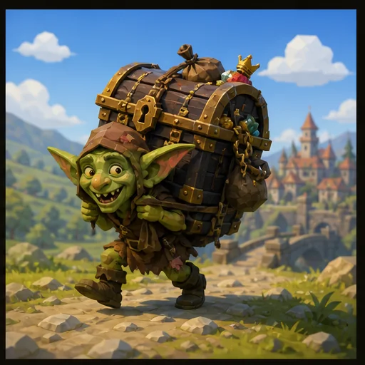 A cheerful loot goblin carrying a large locked storage chest
