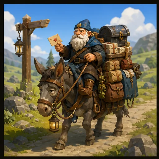 An impossibly old mailman riding an overloaded elderly mule