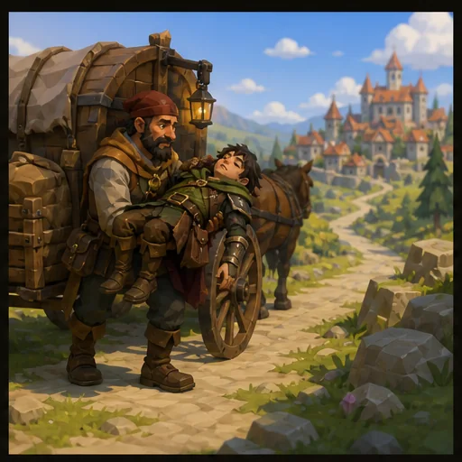 A travelling merchant rescuing an unconscious adventurer