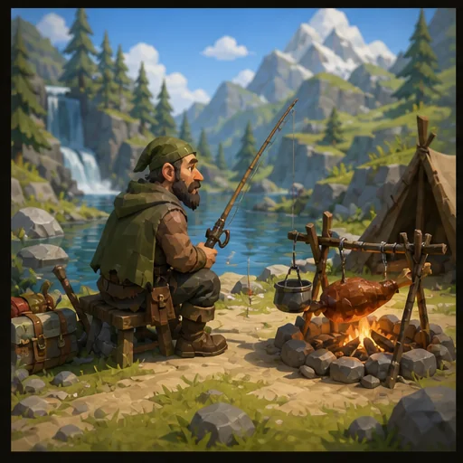 A traveler fishing beside a campfire cooking hunted game