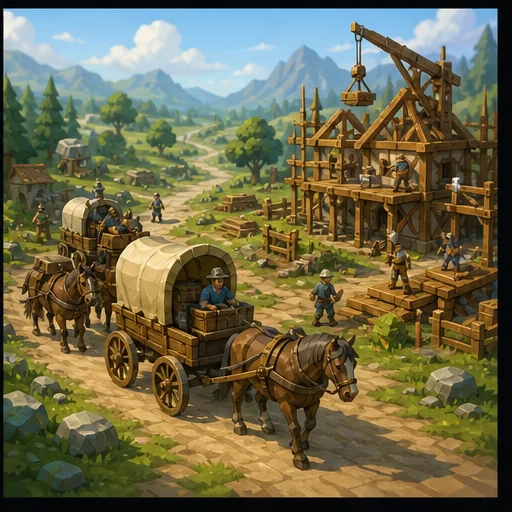 A wagon caravan arriving beside an active timber construction site