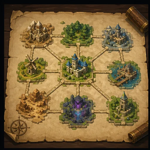 Connected fantasy locations shown on a schematic map