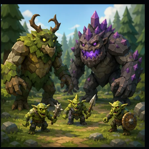 Two large forest monsters accompanied by three smaller minions
