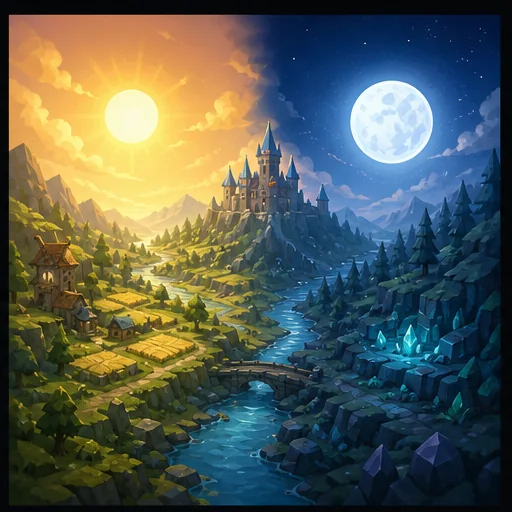 A bright fantasy valley divided between sun and full moon