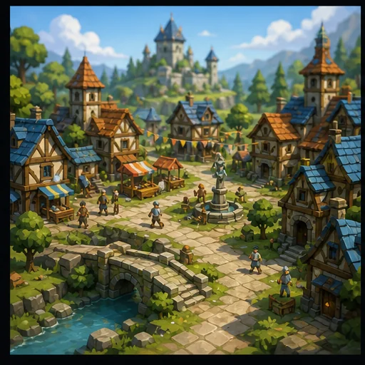 A lively green-road medieval fantasy town