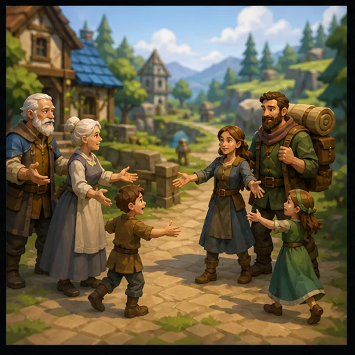 Two generations of townsfolk greeting relatives from another settlement