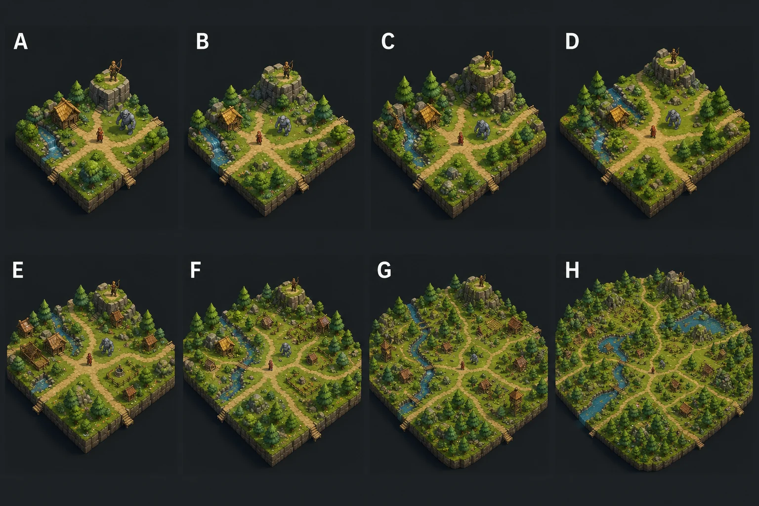 Eight pre-alpha concepts showing one wilderness location growing from a small crossroads into a larger settled landscape