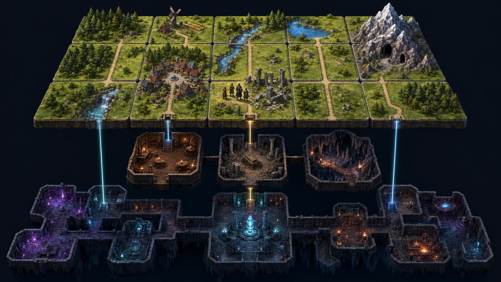 Concept showing a connected surface world above linked rooms, caves and dungeons below
