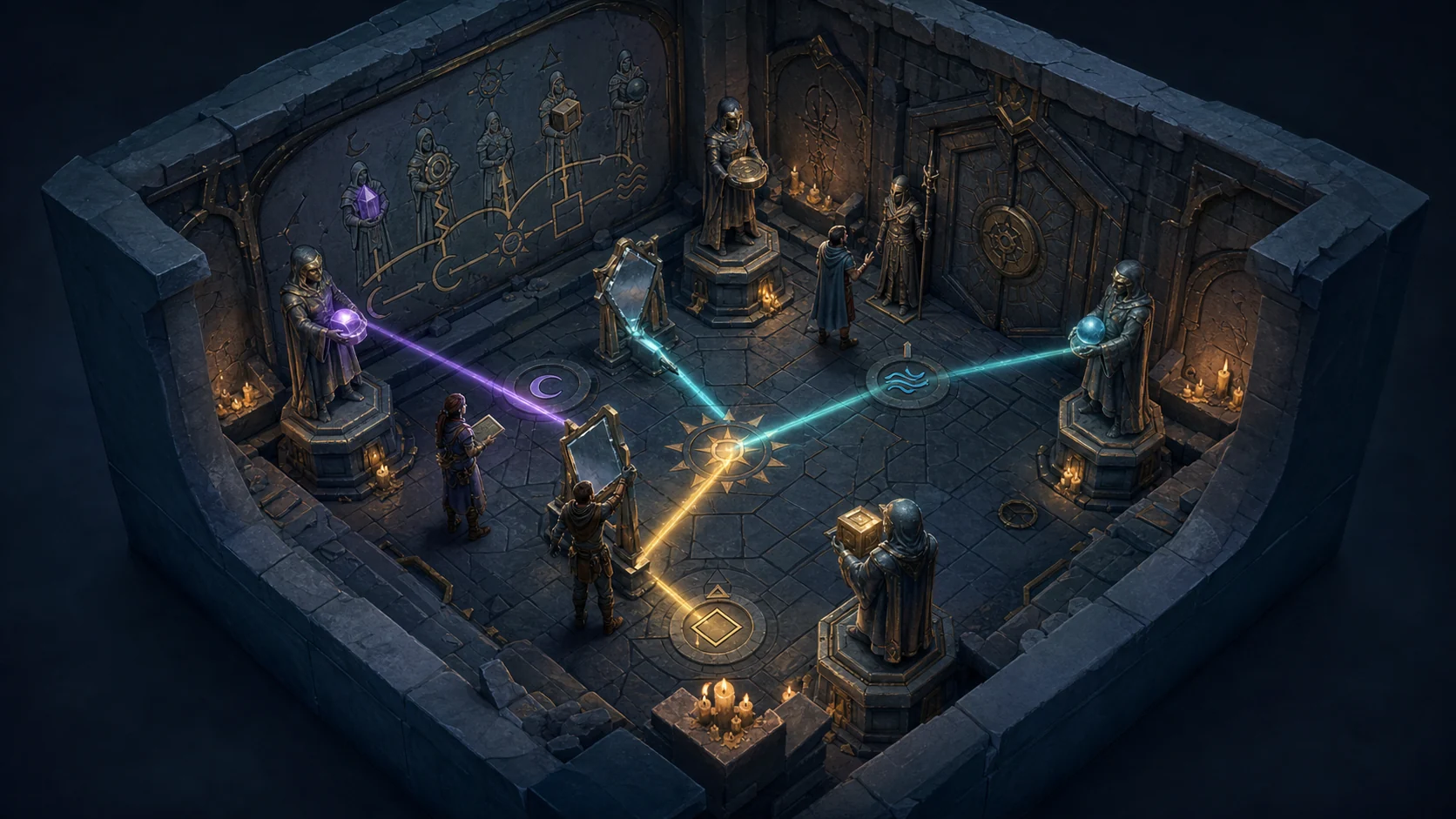 Concept of adventurers solving a light-beam puzzle inside a stone dungeon chamber